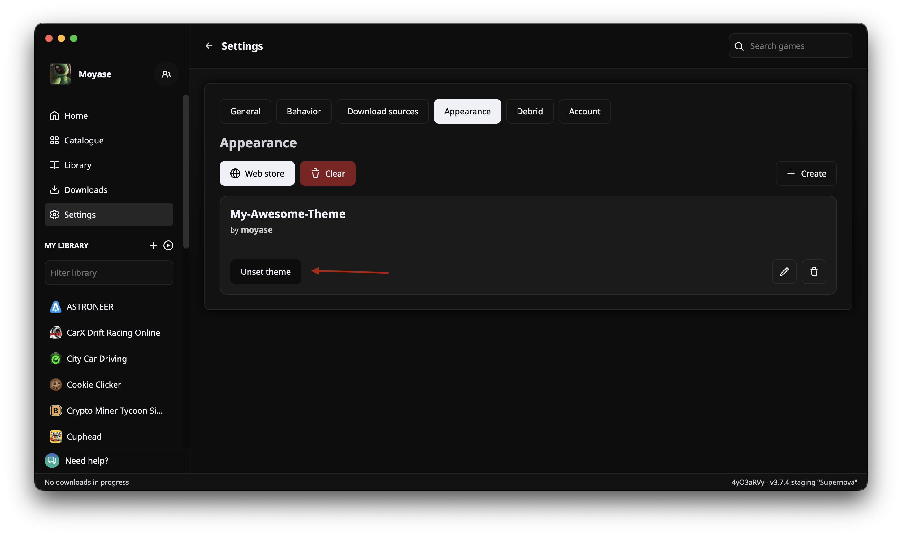 Hydra Appearance tab with active theme