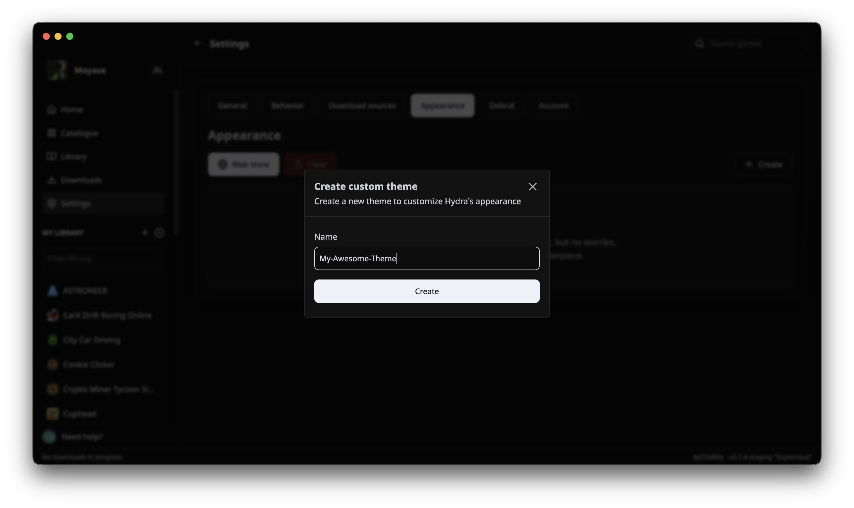 Hydra create theme modal
