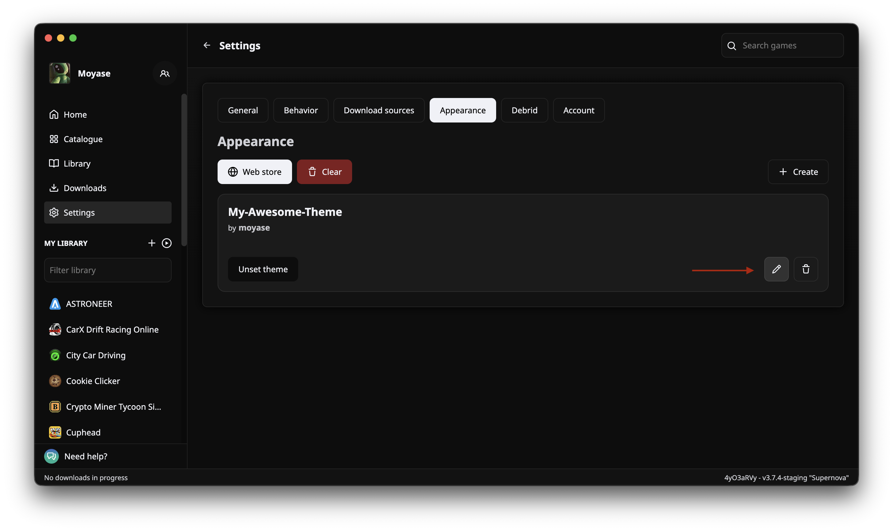 Hydra Appearance tab with active theme