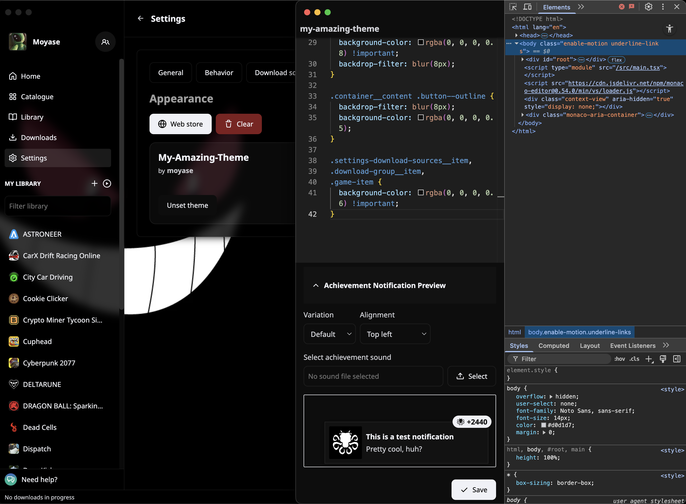 Hydra Theme editor with a custom theme code